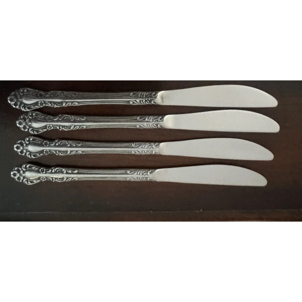 Set of 4 Stainless Steel Dinner Knives, EKCO Eterna made in Japan, floral handle